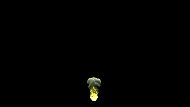 Een ontsteking met gele vlam en dikke, dichte, grijze rookwolk op zwarte achtergrond. 3d animatie van de gevolgen van vulkaanexplosie, bom of verbranding van vuur 's nachts. Het begrip gevaar. — Stockvideo