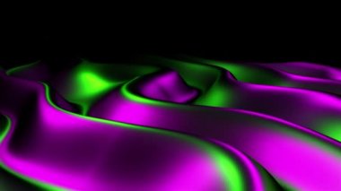 Moda neon ışıklı soyut parlayan arka plan. Mor yeşil renkteki sıvı akışı gecenin kuzey ışıklarına benziyor. Yüzeydeki ışığı yansıtan güzel gradyan doku, 3D animasyon.