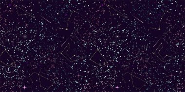 Uzayın kusursuz vektör deseni. Yıldızlı bir gece gökyüzü. Sihirli evren. Soyut arkaplan. Koyu mor bir zemin üzerinde çok renkli yıldızlar, takımyıldızlar ve kuyruklu yıldızlar. Moda baskısı, Fütürist tasarım
