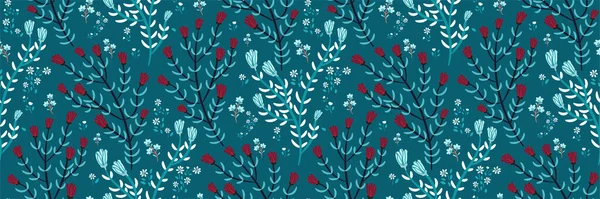 Elegantes Nahtloses Muster Mit Handgezeichneten Kastanienbraunen Hellblauen Blumen Auf Türkisfarbenem — Stockvektor