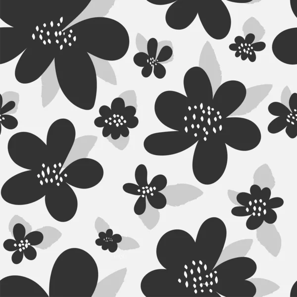 Patrón Sin Costura Floral Con Flores Hojas Blanco Negro Ilustración — Vector de stock