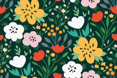 Çiçeksiz desen. Çeşitli çiçeklerle renklendirilmiş, yeşil arkaplanda yapraklar var. Yaratıcı Botanik Duvar Kağıdı, kumaş elle çizilmiş vektör çizimi. Modern parlak tasarım.