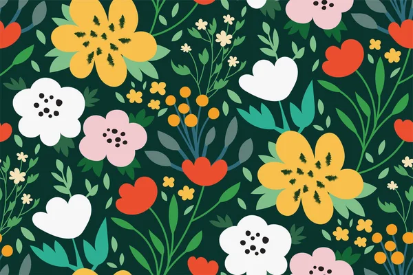 Floral Seamless Pattern Colorful Print Various Flowers Leaves Green Background — Stock Vector