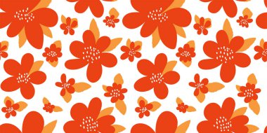 El çizimi kırmızı-turuncu çiçekler ve beyaz arka planda basit İskandinav tarzında yapraklar. Çiçeksiz, soyut bir desen. Modern trend vektör illüstrasyonu. Tekstil, baskı ve kapak için mükemmel....