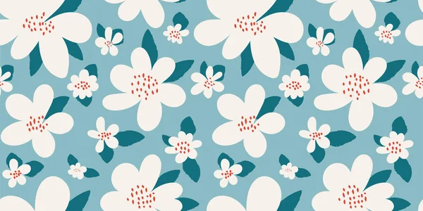 Pastel turkuaz arka planda beyaz çiçekli çiçek deseni. Elle çizilmiş bir şekilde vektör botanik kusursuz desen. Modern klasik tasarım. Kumaşlar, kapaklar, duvar kağıtları için moda şablonu...