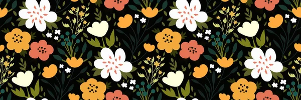 Elegantes Nahtloses Muster Mit Bunten Blüten Blättern Kräutern Auf Dunklem — Stockvektor