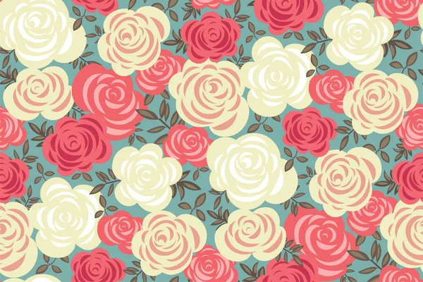 Seamless Floral Pattern Pink White Roses Peonies Leaves Turquoise Background — Stock Vector