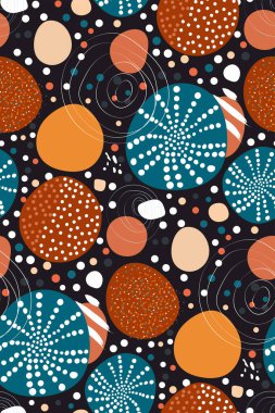 Çeşitli geometrik şekiller ve noktalar çizilmiş modern, soyut, pürüzsüz desen. Modern moda illüstrasyon. Yaratıcı minimalist kavram. Renkli vektör baskısı, moda şablonu, kumaş, kapak.