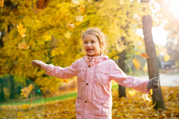 Cute little girl with missing teeth playing with yellow fallen leaves in autumn forest, trowing into the air. Happy child laughing and smiling. Sunny autumn forest, sun beam.