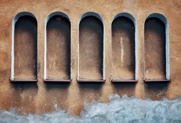 Pięć Nisz Łukowe Starych Murów Teksturowane Tonację Kolorów Stosowane — Zdjęcie stockowe