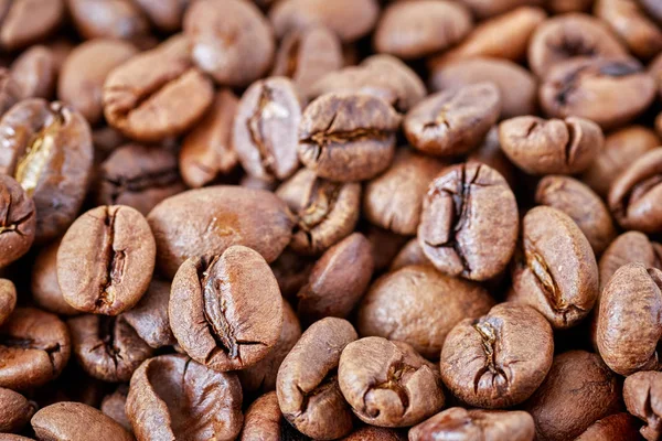 关闭新鲜烘焙咖啡豆的图片 浅景深 — 图库照片