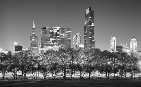 Fekete Fehér Kép Chicago Skyline Éjjel Amerikai Egyesült Államok — Stock Fotó