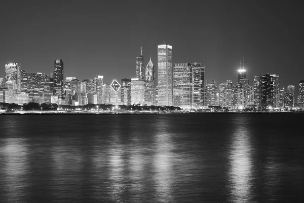 Svart Och Vitt Chicago Vattnet Panorama Natten Usa — Stockfoto