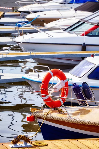 Marina Moored Yachts Motorboats Selective Focus — Stock Photo, Image