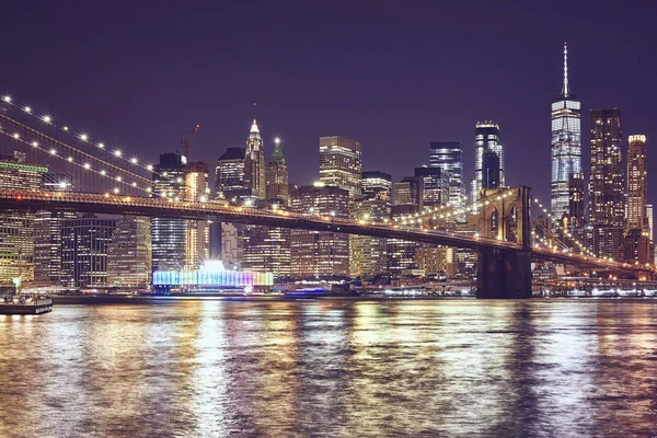 Бруклінський Міст Мангеттен Вночі Кольорова Тонована Картина Нью Йорк Сша — стокове фото