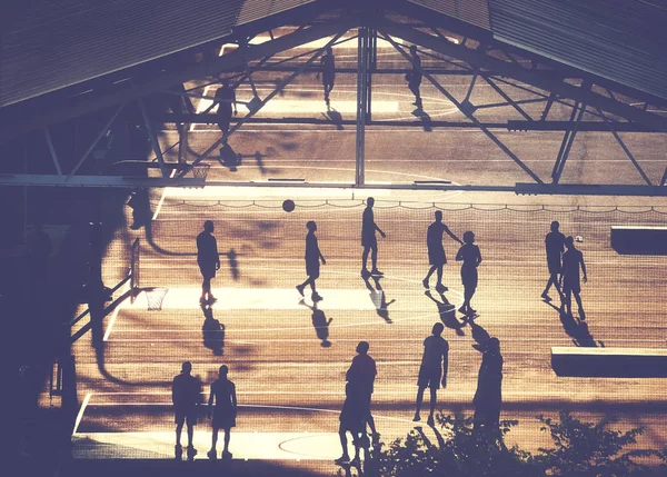 Basketball Players Silhouettes Brooklyn Pier Court Sunset Color Toning Applied — Stock Photo, Image