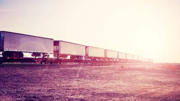 Transporte Intermodal Mercadorias Semi Reboques Trem Pôr Sol Cor Tonificada — Fotografia de Stock