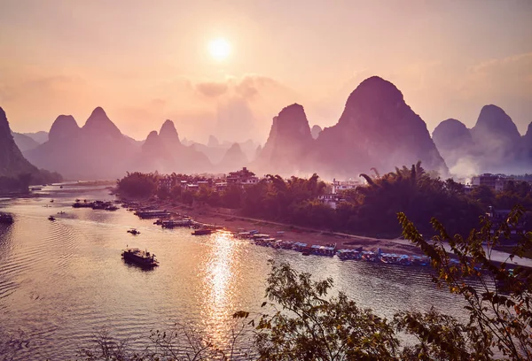 Мальовничі Захід Сонця Над Річкою Xingping Кольорів Тонування Прикладної Китай — стокове фото