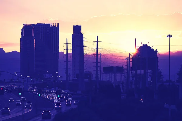 Vintage Getinte Foto Van Downtown Las Vegas Silhouet Bij Zonsondergang — Stockfoto