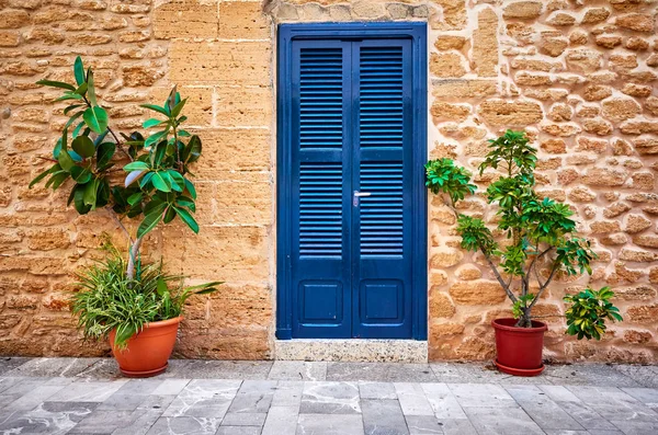 Alte Steinmauer Mit Blauer Haustür Und Blumentöpfen Mallorca Spanien — Stockfoto