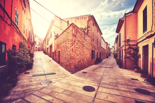 Vintage Stylized Picture Street Corner Alcudia Old Town Sunset Mallorca — Stock Photo, Image