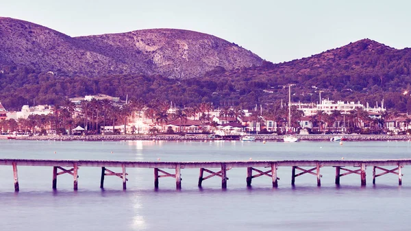Color Toned Panoramic Picture Wooden Pier Port Alcudia Background Mallorca — Stock Photo, Image
