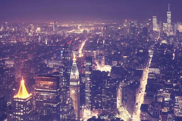 Vintage Toned Aerial View New York City Night — Stock Photo, Image