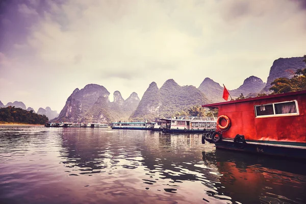 Retro Toned Picture Boats Moored Lijiang River Bank Xingping Lijiang — Stock Photo, Image