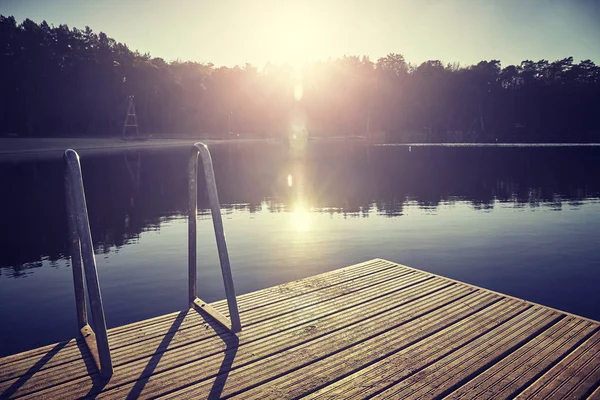 Vintage Toned Picture Swimming Platform Sunset Lens Flare Selective Focus — Stock Photo, Image