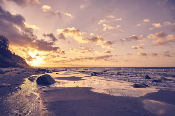 Bild Eines Strandes Ein Sonnenuntergang Farbtonung Aufgetragen — Stockfoto