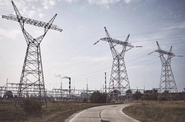 Transmission Towers Power Plant Color Toned Picture — Stock Photo, Image