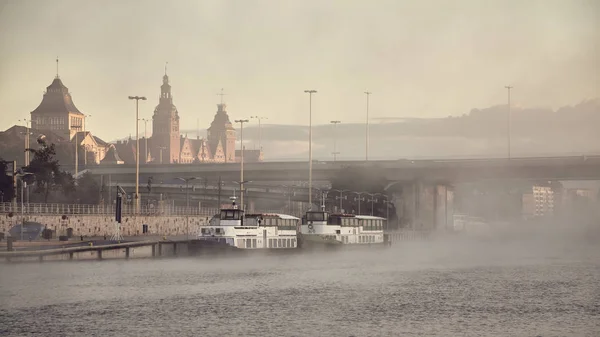 Szczecin City Waterfront Foggy Morning Color Toning Applied Poland — Stock Photo, Image