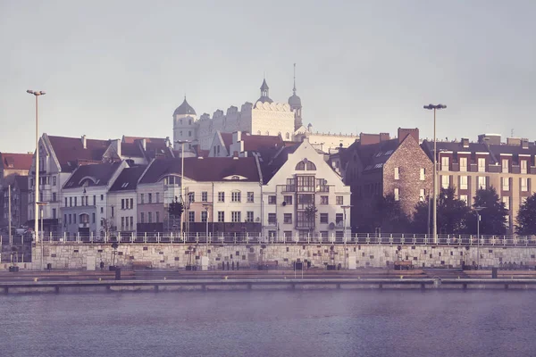 Szczecin City Waterfront Mistig Morning Color Toning Toegepast Polen — Stockfoto