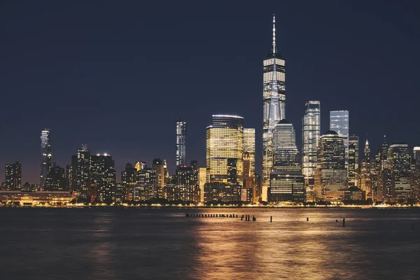 Skyline Van New York City Business District Nachts Kleur Toning — Stockfoto
