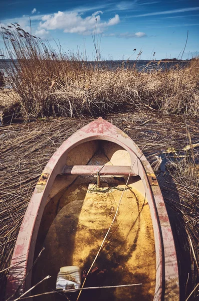 Sunken small fishing rowboat in the reeds. — Stock Photo, Image