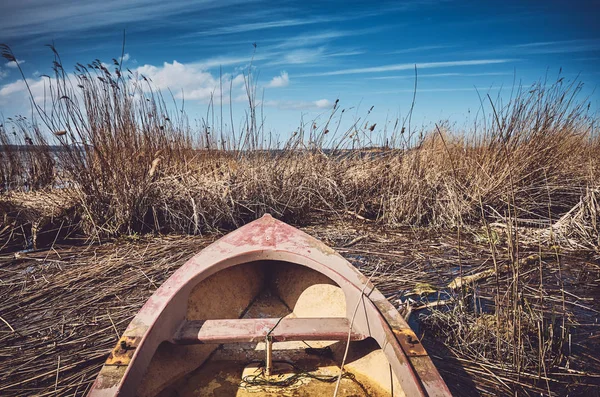 Small fishing rowboat in the reeds. — Stock Photo, Image