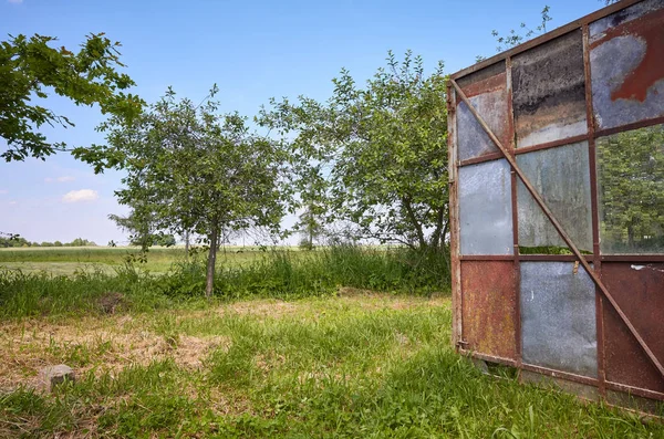 An old rusty open greenhouse gate in a rural garden — Stock Photo, Image