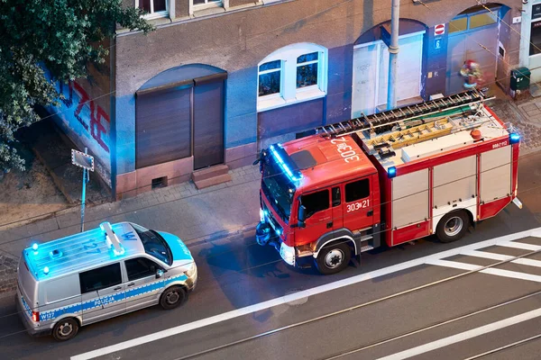 Szczecin Poland August 2020 Fire Truck Police Van Respond Emergency — 图库照片