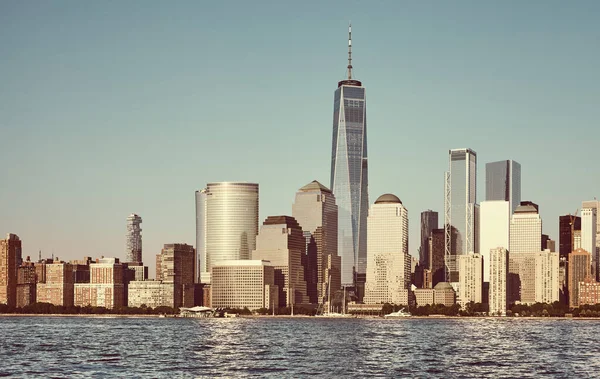 Manhattan Skyline Felhő Nélküli Naplementekor Színes Tónusú Alkalmazott New York — Stock Fotó