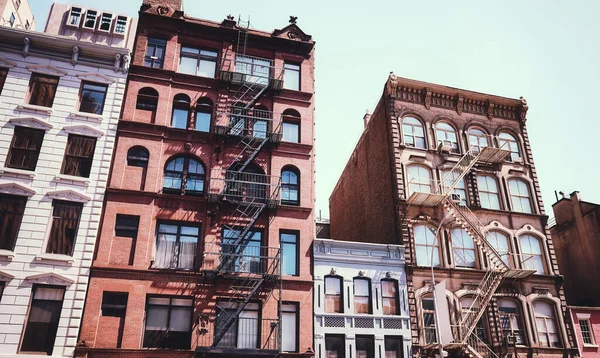 Old Tenement Houses Fire Escapes Color Toning Applied New York — Stockfoto