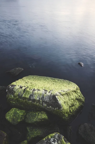 Pedras Cobertas Com Algas Verdes Água Imagem Exposição Longa — Fotografia de Stock