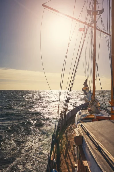 Sailing Old Schooner Orange Sunset Travel Adventure Concept — Stock Photo, Image