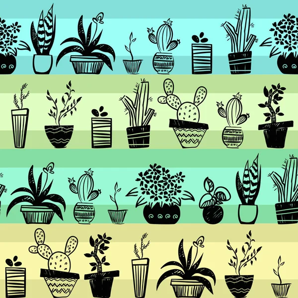 Čárami Vith Vektorové Domácí Rostliny Kaktusy Květiny Květináčích Barvy Grafiku Stock Ilustrace