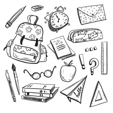 Okul ve eğitim ile ilgili ayrı unsurlar kümesi. Dahil: sırt çantası, cetveller, elma, kağıt uçak, kitap ve defterler, kalem, kalem ve fırça, gözlük, çalar saat, silgi. Doodle
