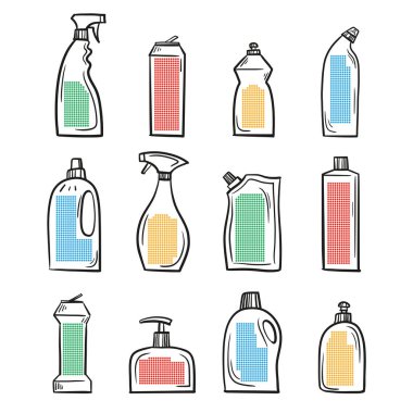 Ev kimyasalları için farklı ambalaj biçimleri seti, çizim tarzında yapılmış temel paketler. Vektör grafiği