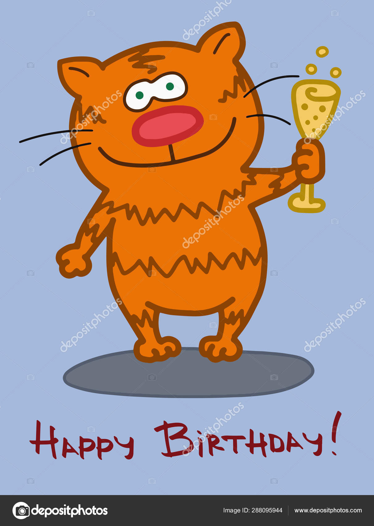 Carte Voeux Anniversaire Caractere Chat Avec Une Glace Champagne Image Vectorielle Ozherelyeva C