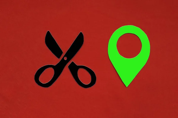 Scissors Green Geolocation Sign Red Background Location Hair Salon — Stock Photo, Image