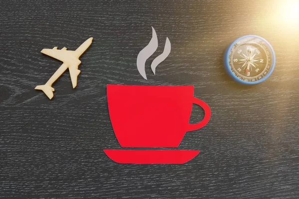 Une Tasse Café Avion Une Boussole Sur Fond Sombre Vol — Photo