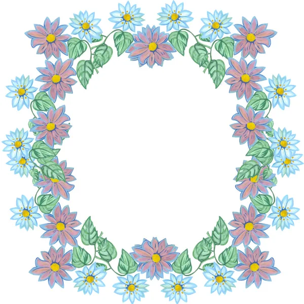 yuvarlak suluboya çerçeve beyaz arkaplan çiçeği mavi papatya dolgunluğu