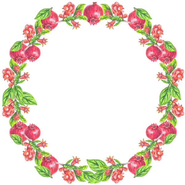 Kartpostallar için yuvarlak çerçeve ve beyaz arkaplan arkaplan nar suluboya üzerine yazılar